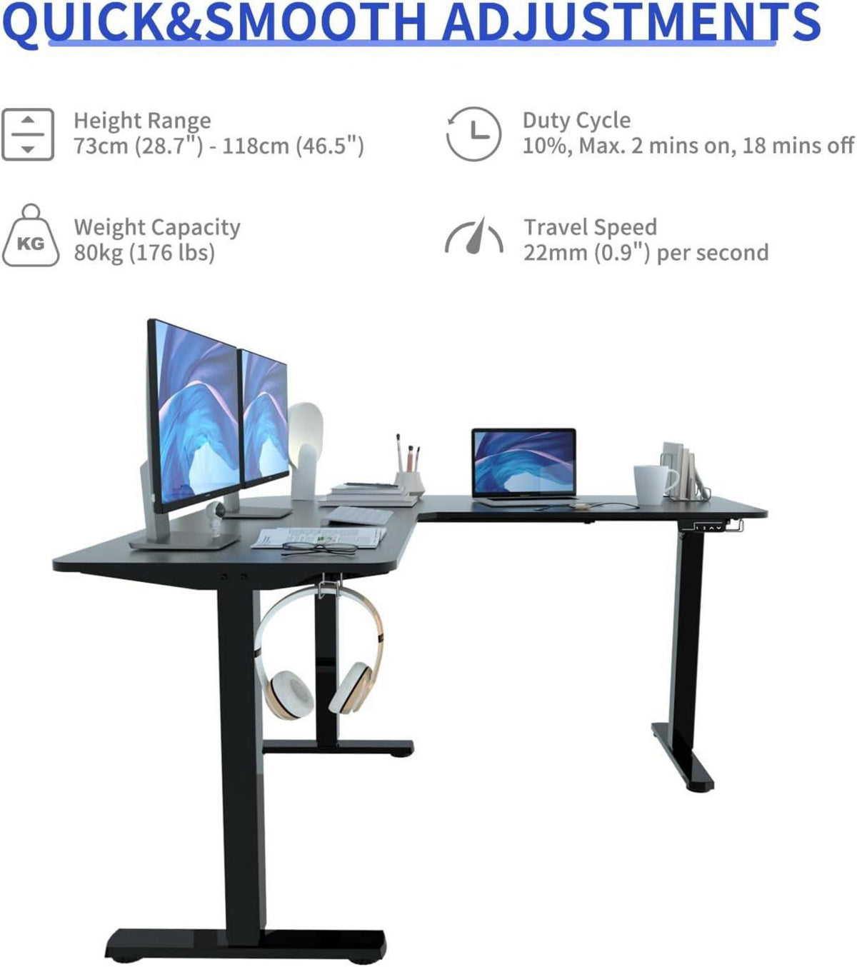Höhenverstellbarer Eckschreibtisch L-Form Elektrisch Schwarz 129x50cm