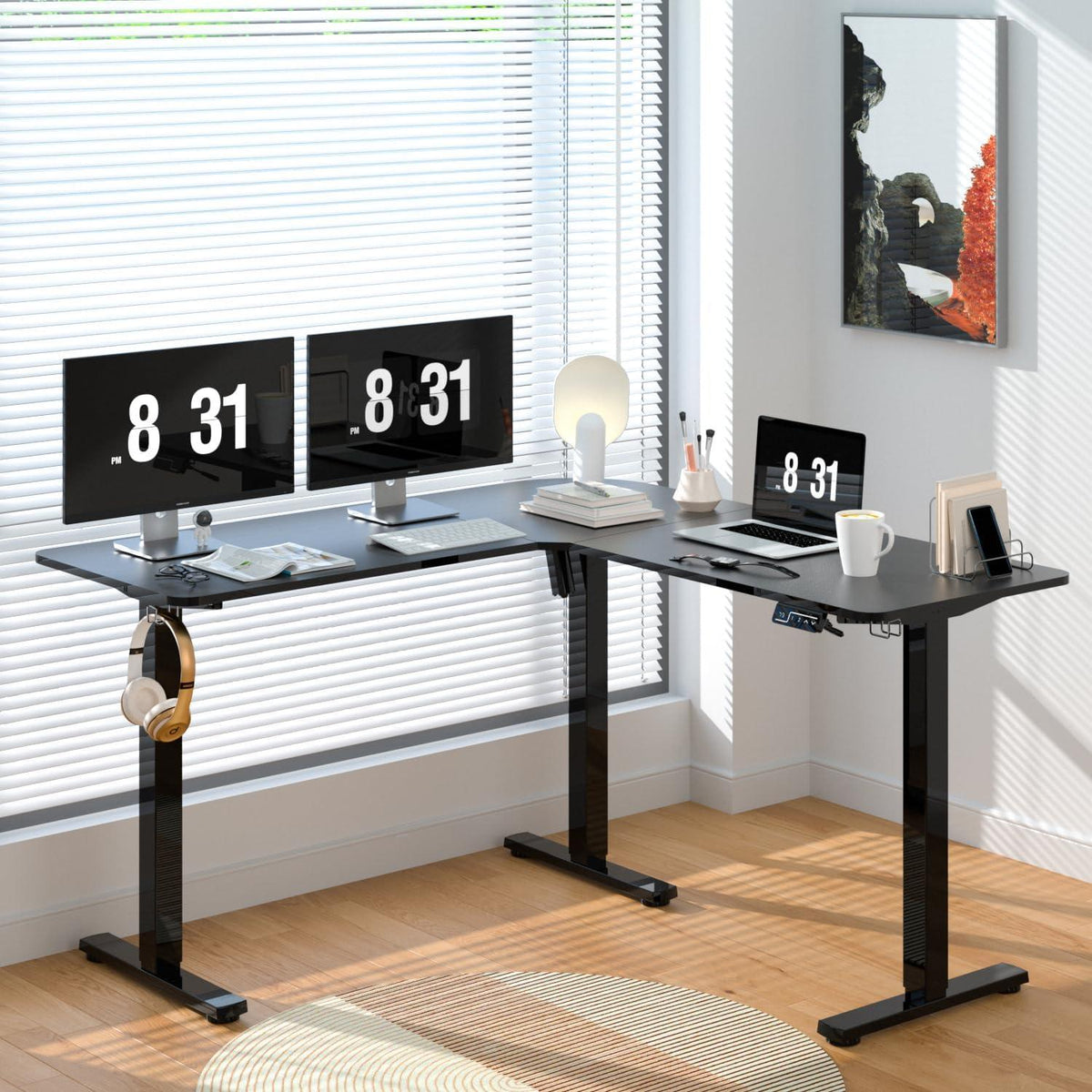 Höhenverstellbarer L-Form Schreibtisch Elektrisch Schwarz 129x50cm