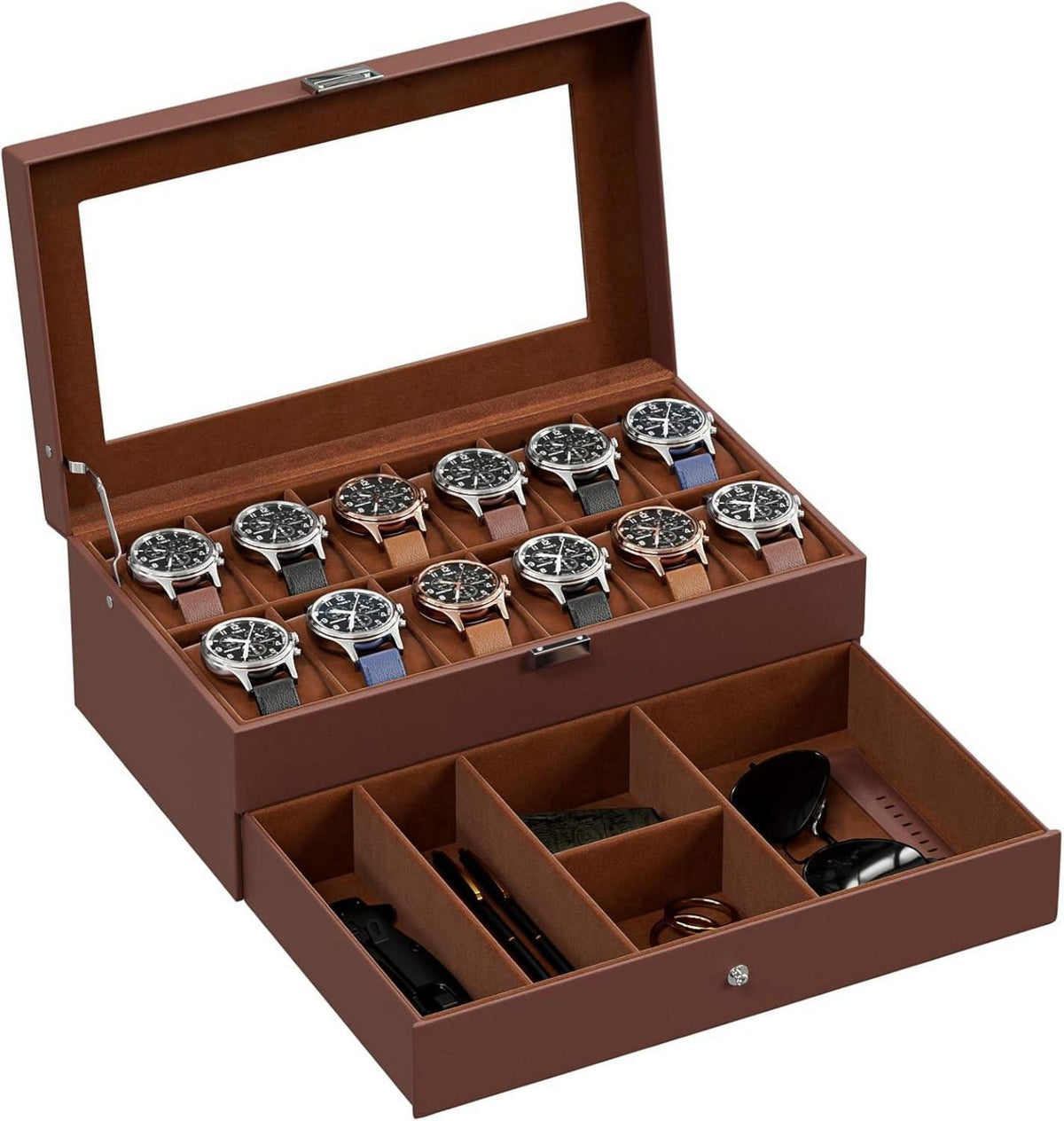 Uhrenbox mit Glasdeckel und 12 Fächern - Espresso Uhrenkoffer