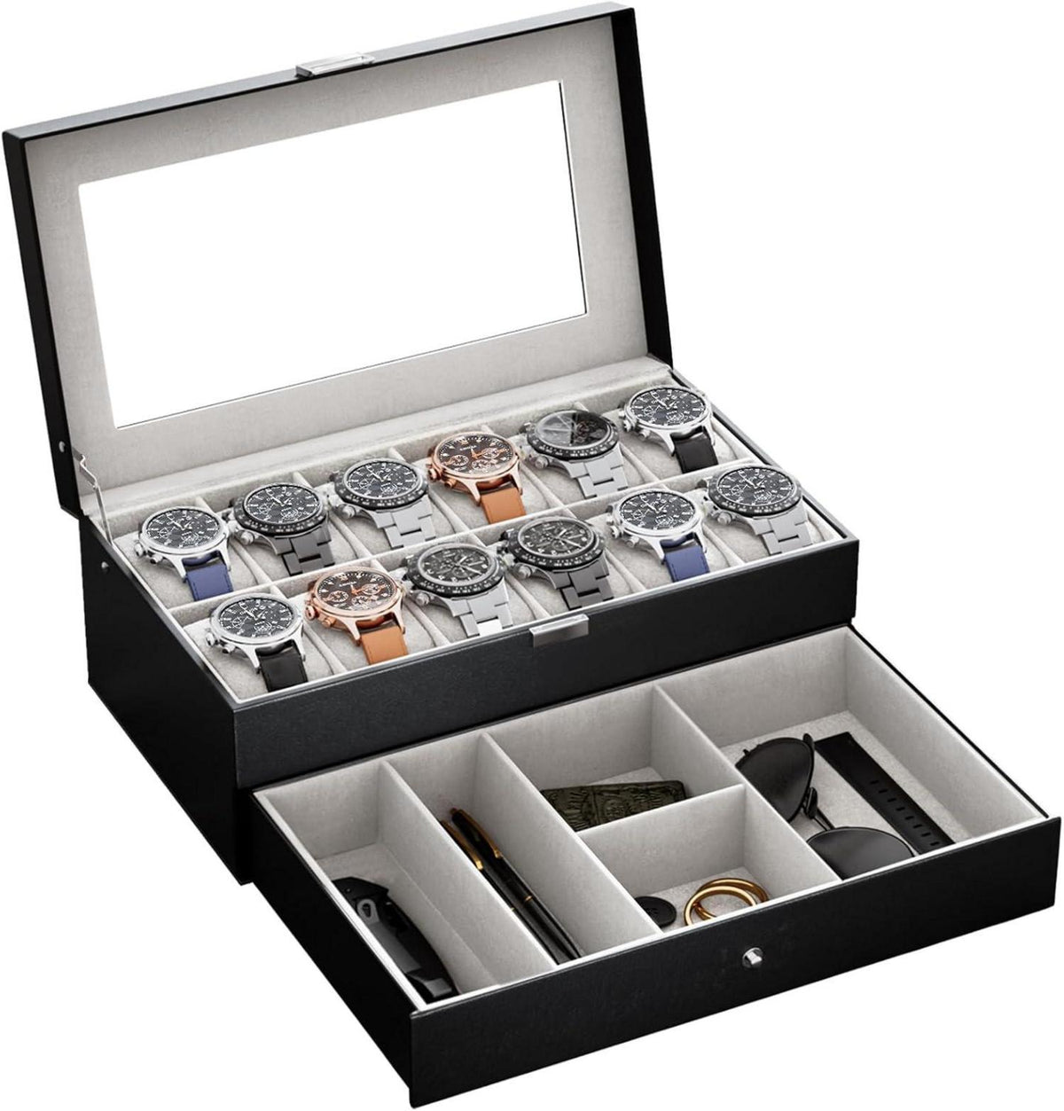 Uhrenbox mit Glasdeckel und 12 Fächern für Uhrenkollektionen