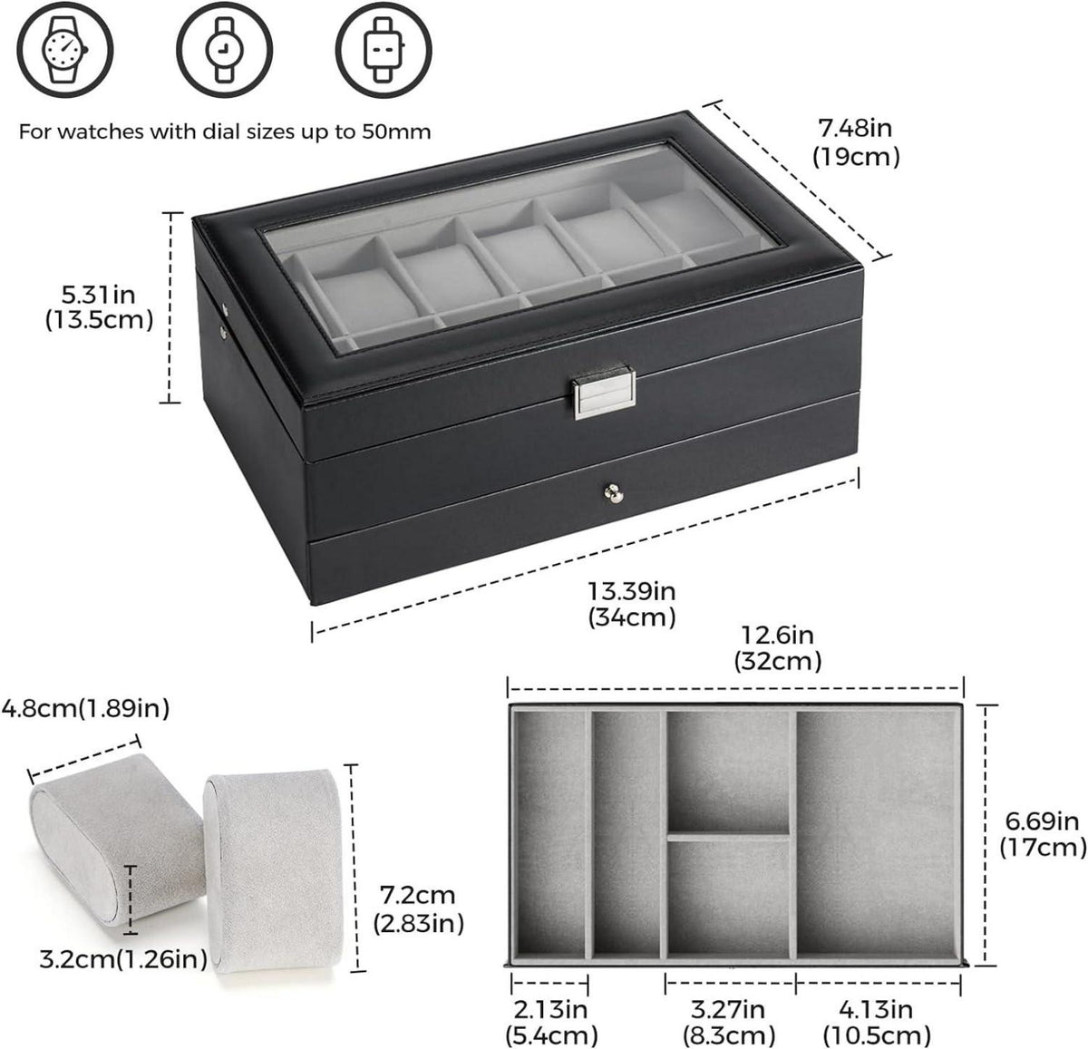 Uhrenbox mit 12 Fächern Glasdeckel 2 Ebenen Uhrenkoffer Schwarz