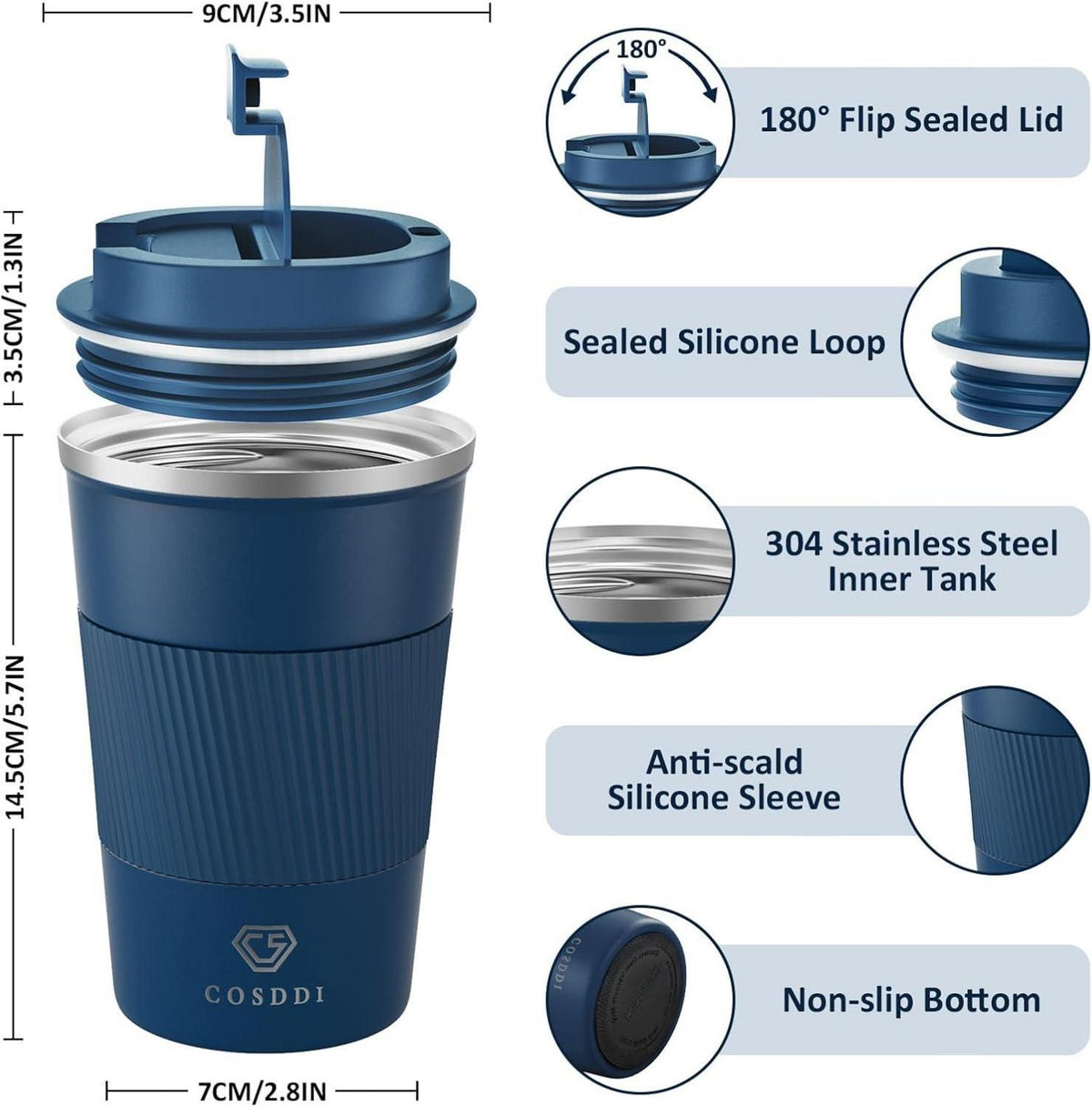 CS COSDDI Thermobecher Edelstahl Isolierbecher 510ml Reisebecher mit Deckel Navyblue