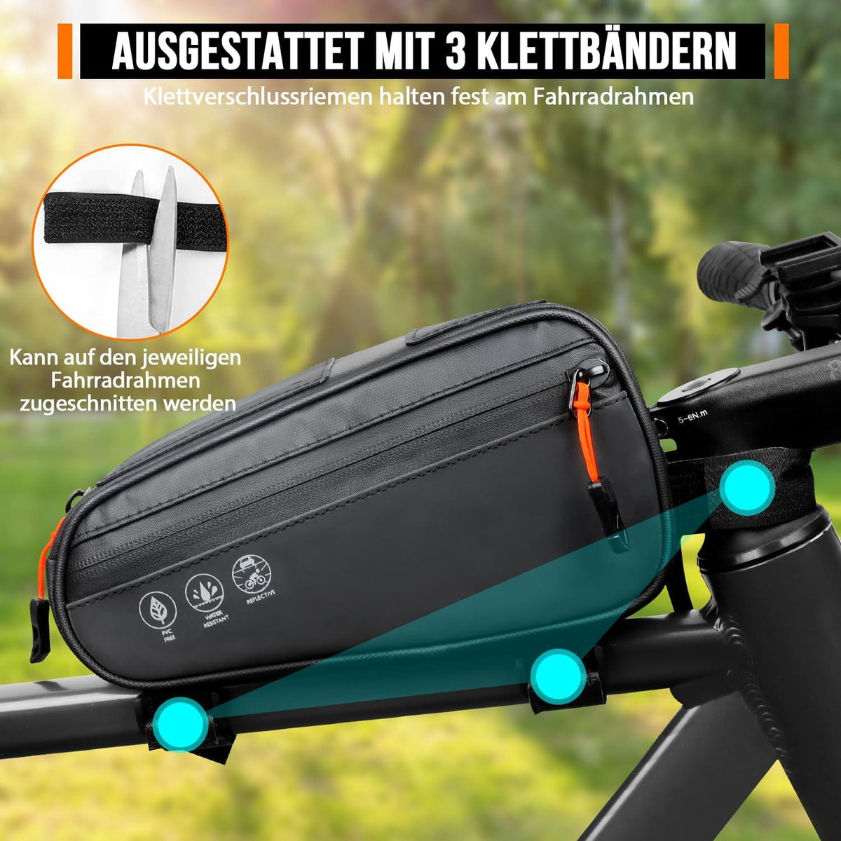 Wasserdichte Fahrradtasche mit reflektierendem Design, Oberrohrtasche 1.2L
