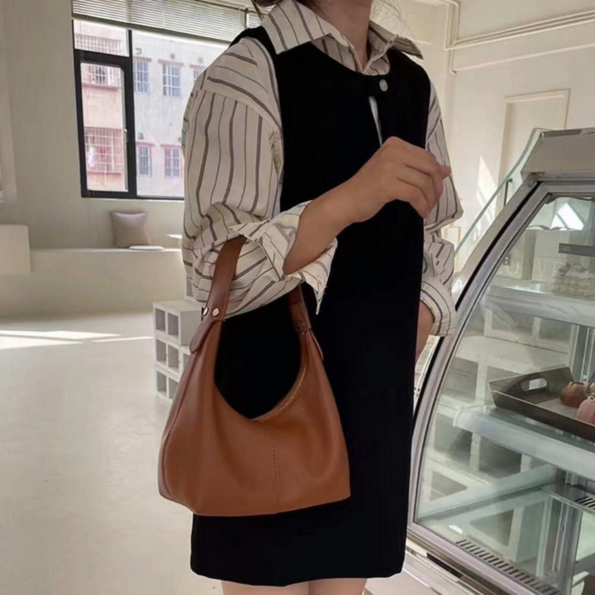 Einfarbig Hobo Bag PU Leder Handtasche Damen Vintage Umhängetasche Uni