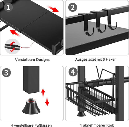 Kimfead 3-stufiges Ausziehbares Mikrowellenregal mit 6 Haken Schwarz