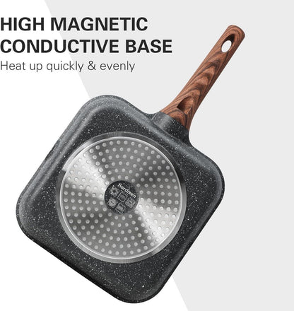 Antihaft-Grillpfanne 28 cm quadratisch für Induktion, Granitbeschichtung, Ausgießer
