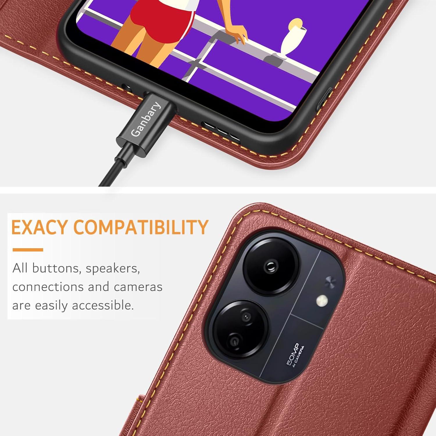 Premium Leder Klapphülle für Xiaomi Redmi 13C/Poco C65 - Braun