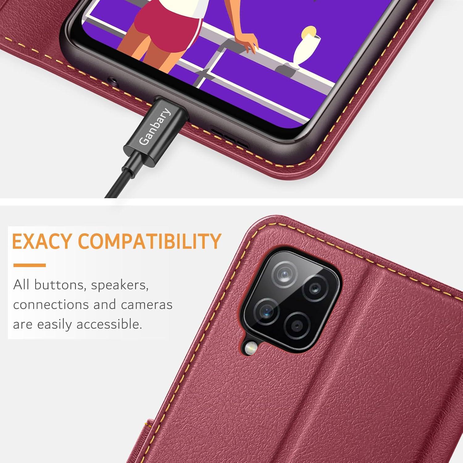 Ganbary Handyhülle Samsung Galaxy A12/M12 Leder Weinrot