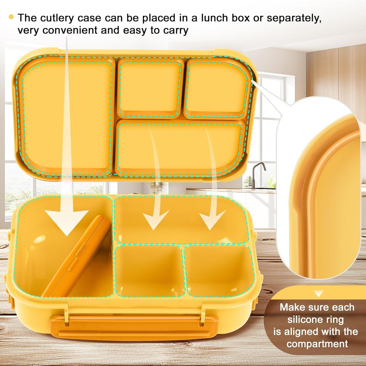 Amathley Brotdose Kinder Bento Lunchbox 1200ml Mit 4 Fächern Und Besteck Gelb