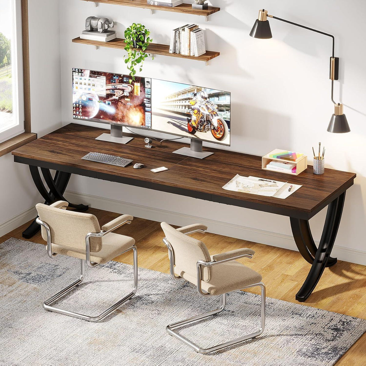 Doppelter Schreibtisch 200x70cm – Rustikaler Computertisch für Home Office
