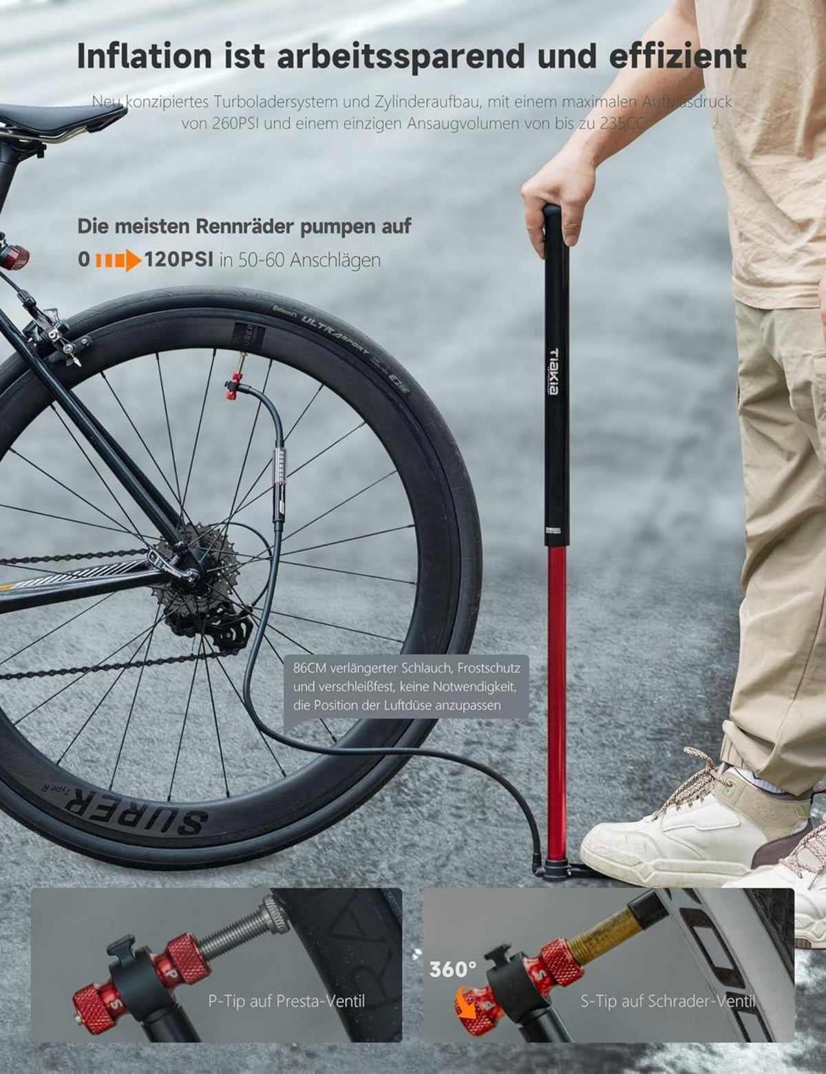 Fahrrad Standpumpe mit Manometer 260 PSI Hohe Volumen Hand Luftpumpe