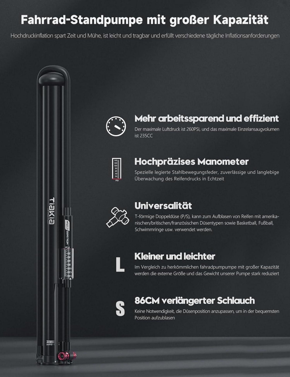 Tiakia Fahrrad Standpumpe mit Manometer Schwarz/Rot 260PSI/18Bar