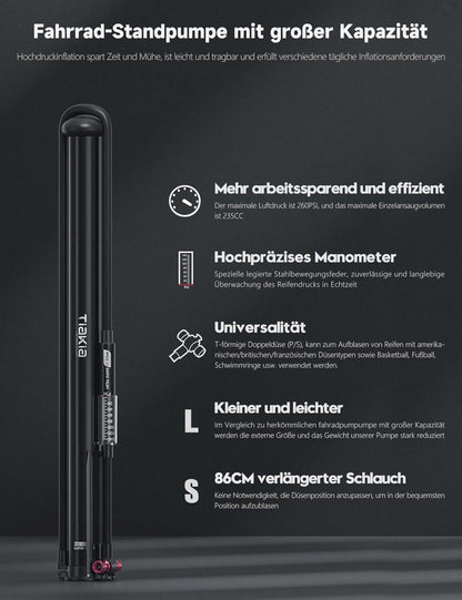 Tiakia Fahrrad Standpumpe mit Manometer Schwarz/Rot 260PSI/18Bar
