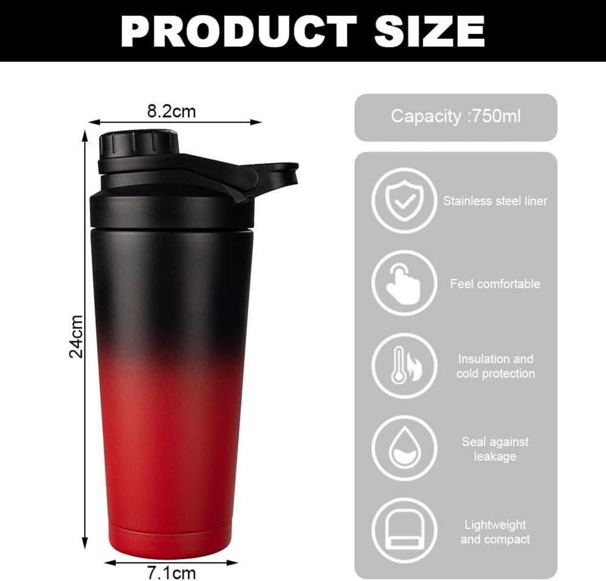 Protein Shaker 750ml Schwarz Rot Edelstahl Isoliert BPA-frei