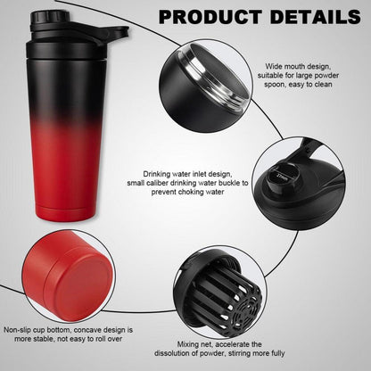 Protein Shaker 750ML Schwarz Rot Edelstahl Isoliert BPA Frei