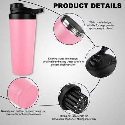 Protein Shaker 750ml Rosa Edelstahl Doppelwandig Vakuum Isoliert BPA