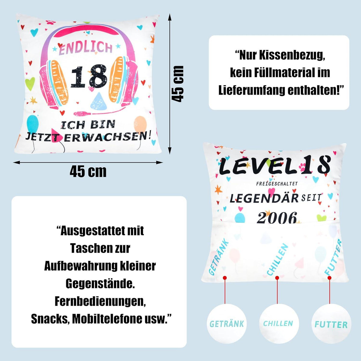 Shoppawhile 18. Geburtstag Mädchen Kissenbezug 45x45cm