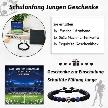 Fußball Armband Einschulungsgeschenk Jungen Obsidian verstellbar - inkl. Karte & Geschenkbox