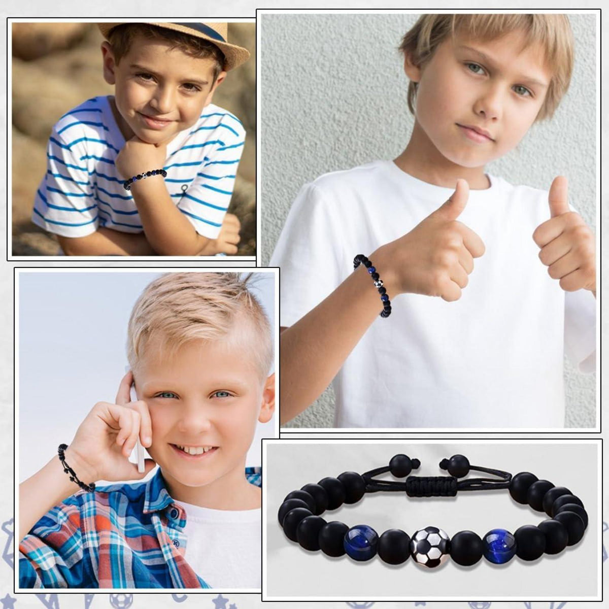 Fußball Armband Einschulungsgeschenk Jungen Obsidian verstellbar - inkl. Karte & Geschenkbox