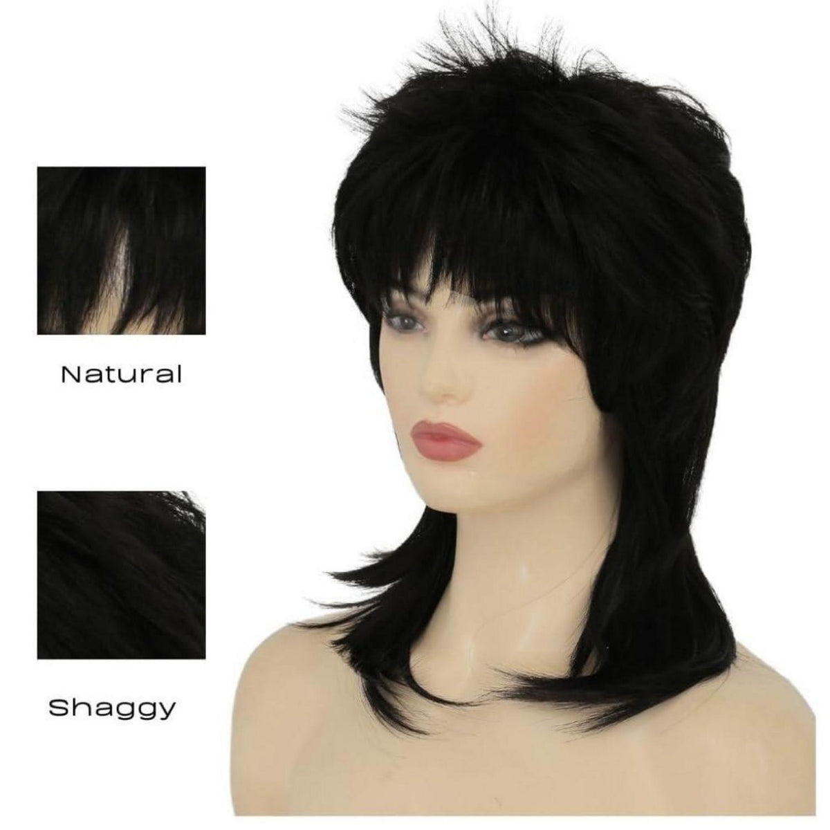 Schwarze Vokuhila Perücke 80er Jahre Mullet mit Pony