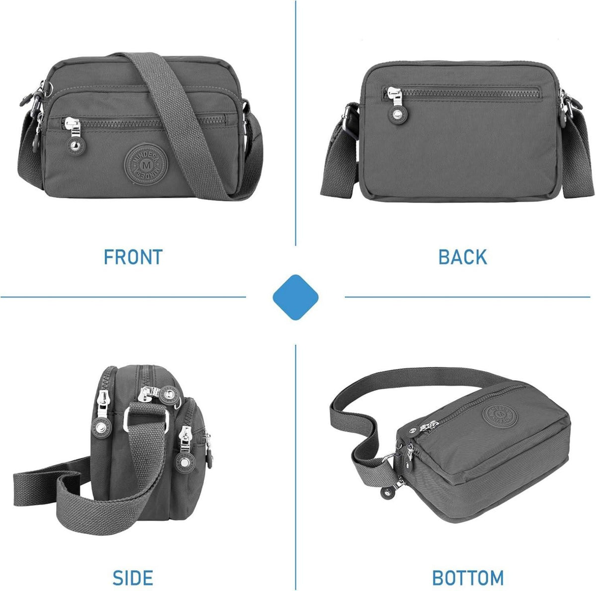 Kleine Schultertasche Damen Wasserdicht Nylon Umhängetasche Dunkelgrau
