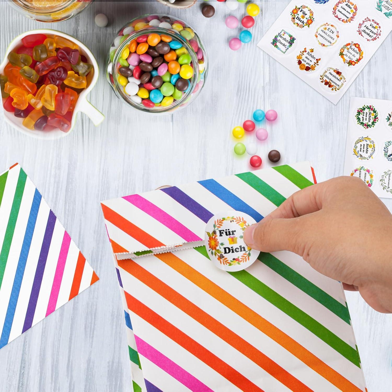 16 Stück Geschenktüten Candy Tüten mit Aufkleber - Bunte Streifenmuster