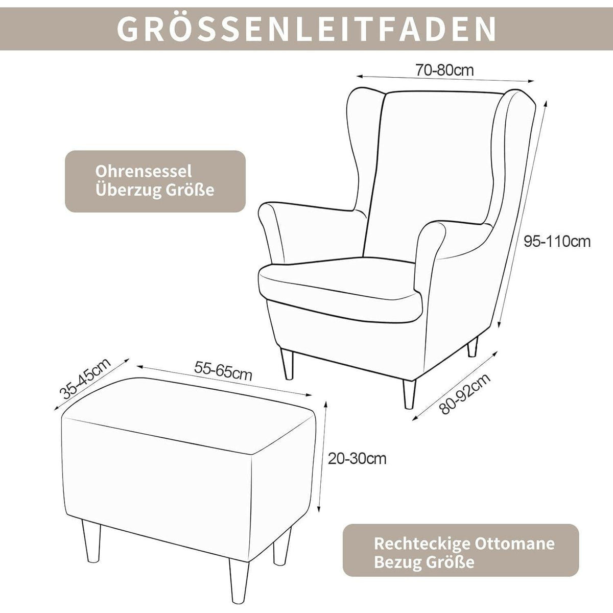3-teiliger Ohrensessel Überzug Stretch Samt Champagne