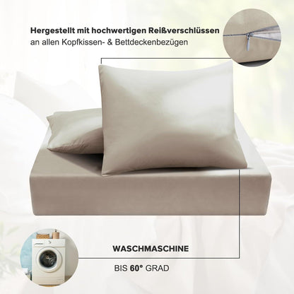 Bettwäsche 135x200 4teilig 2er Set Mikrofaser Reißverschluss Khaki
