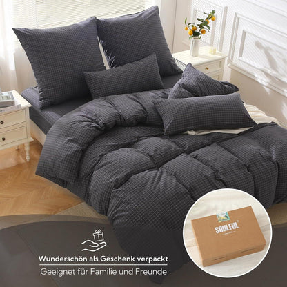 Bettwäsche Set 200x200 Baumwolle kariert Grau öKotex Zertifiziert