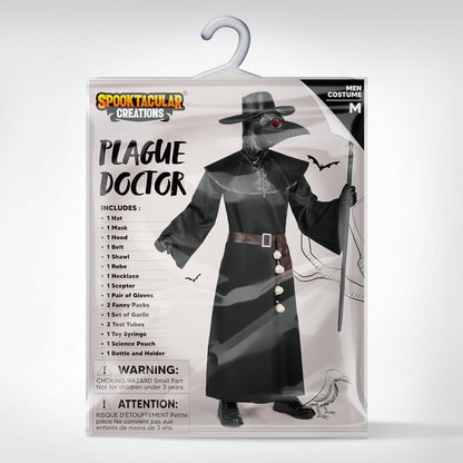 Herren Pestarzt Kostüm-Set Schwarz Mütze Maske Robe Handschuhe Gürtel