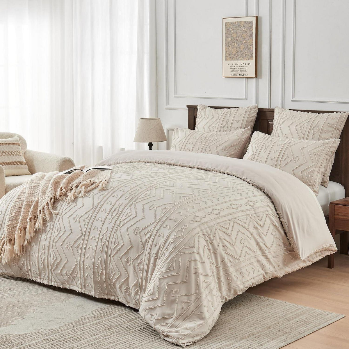 Boho Bettwäsche Set 220x240 Beige Getuftet Geometrisch