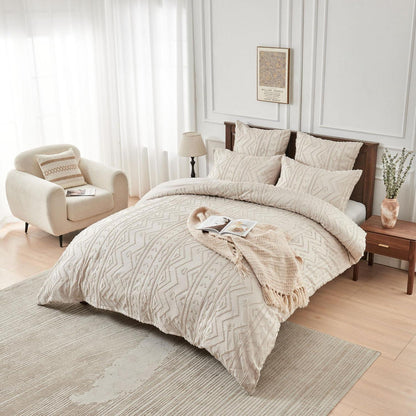 Boho Bettwäsche Set 220x240 Beige Getuftet Geometrisch