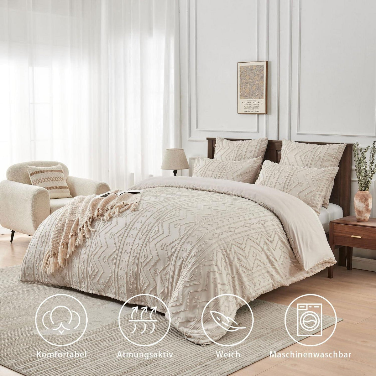 Boho Bettwäsche Set 220x240 Beige Getuftet Geometrisch