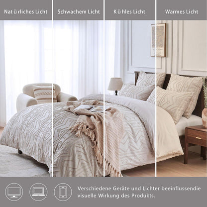 Boho Bettwäsche Set 220x240 Beige Getuftet Geometrisch