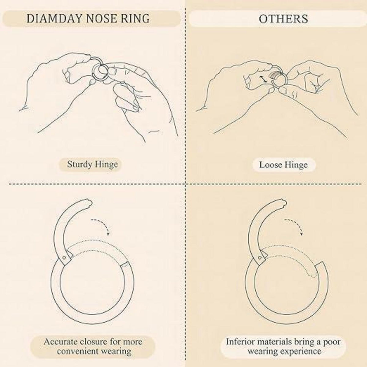 3er Set Nasenpiercing Ringe 316L Edelstahl mit Zirkonia, 7-10mm