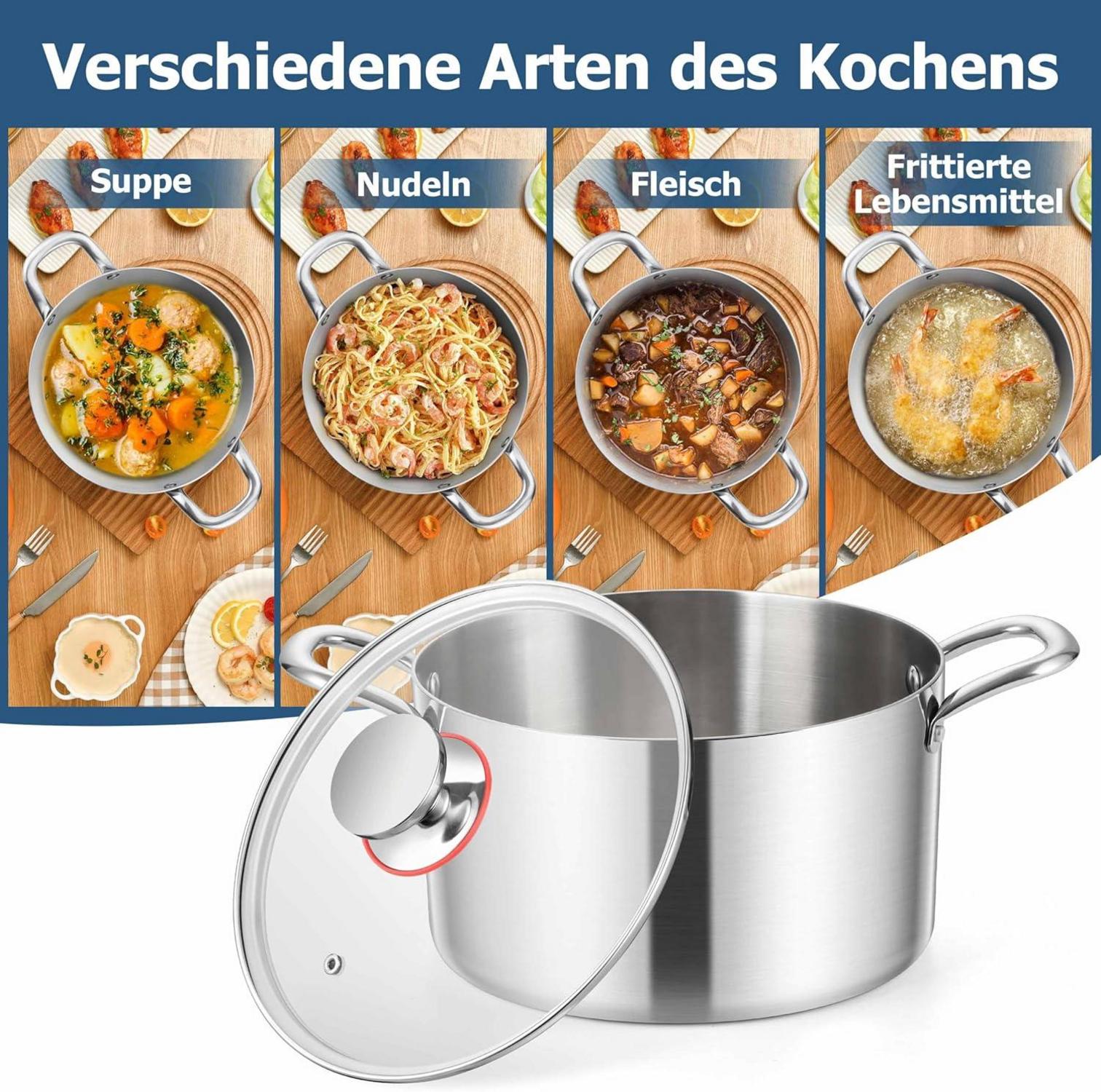 Homikit 22cm Kochtopf 3-Lagen Induktion Glasdeckel 4,7L Edelstahl Suppentopf