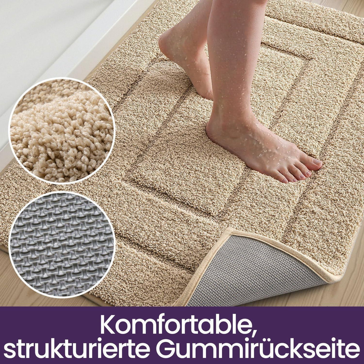Rutschfeste Badematte Mikrofaser Beige 60x150 cm