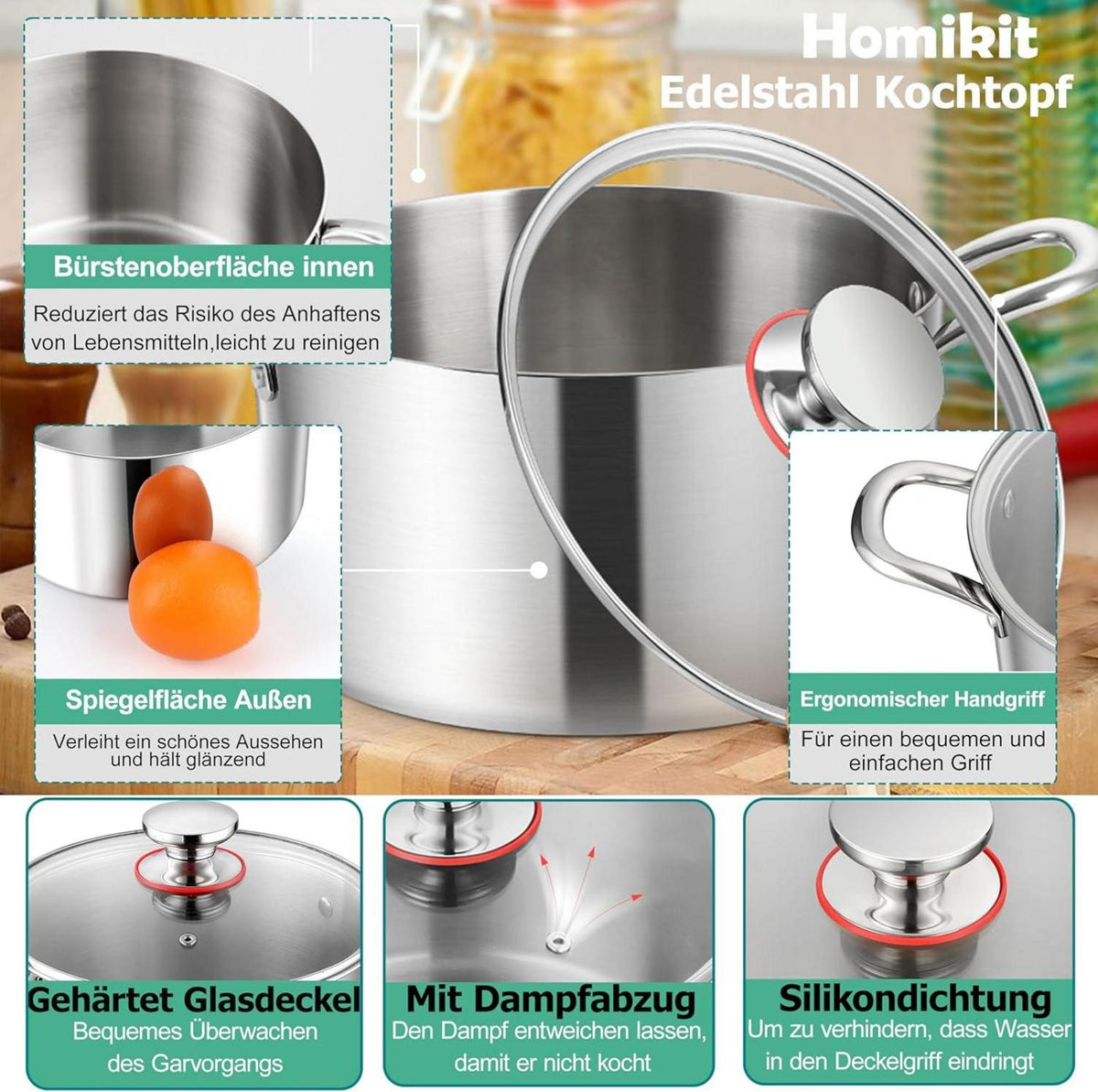 Kochtopf 24cm 5,3L Edelstahl Induktion Glasdeckel Spülmaschinenfest