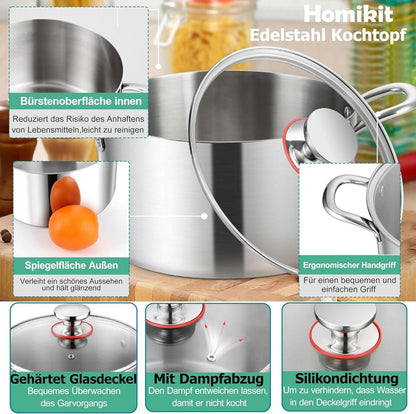 Kochtopf 24cm 5,3L Edelstahl Induktion Glasdeckel Spülmaschinenfest