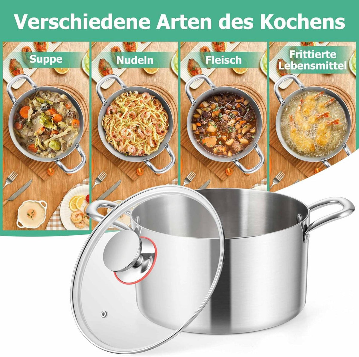Homikit Großer Kochtopf 24cm 5,3L 3-Lagen Edelstahl Induktion-Glasdeckel