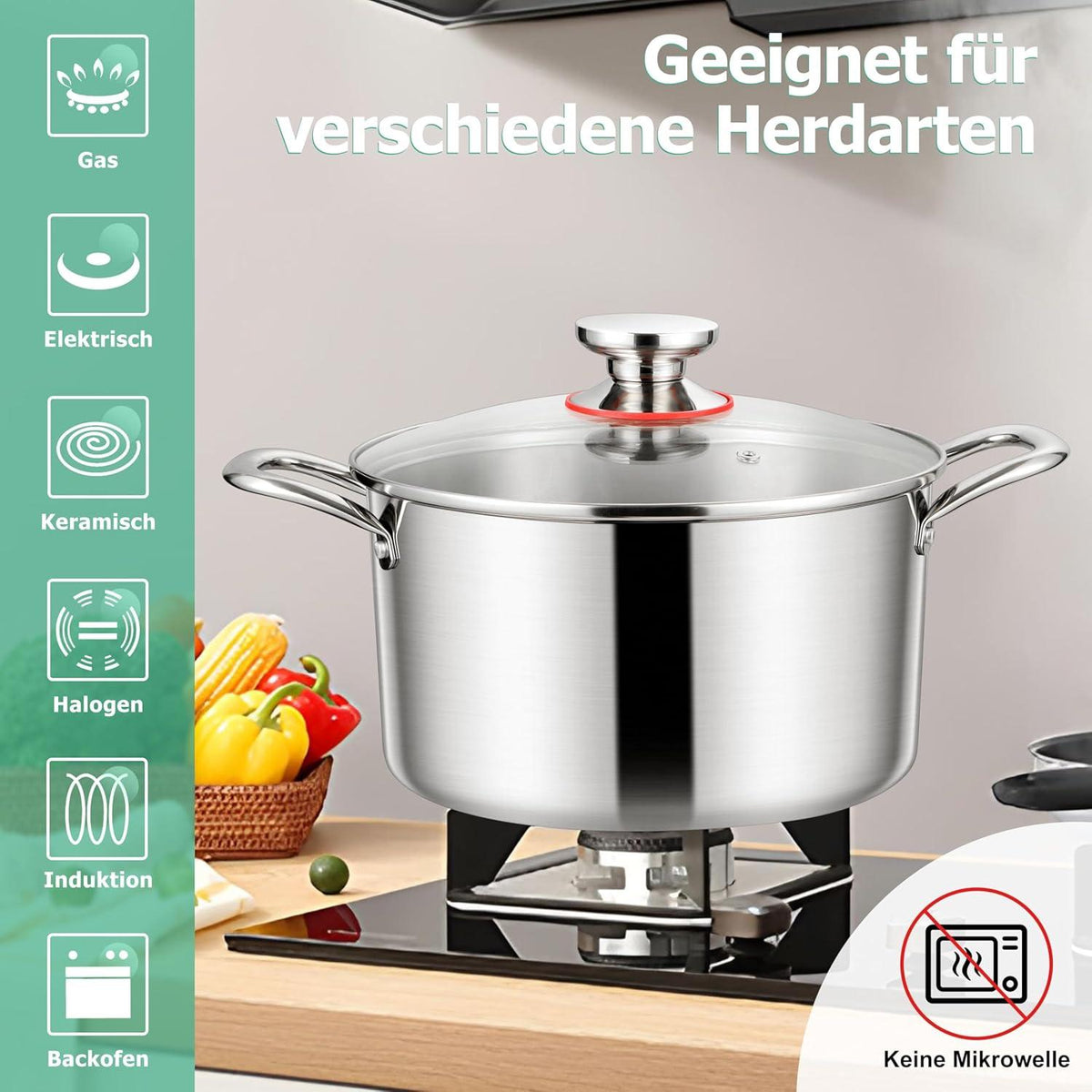 Kochtopf 24cm 5,3L Edelstahl Induktion Glasdeckel spülmaschinenfest