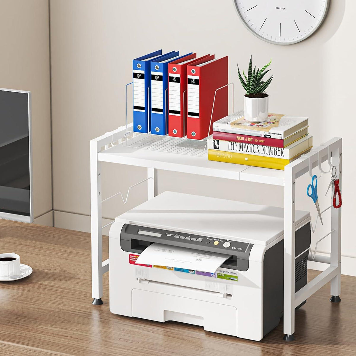 2-stufiges Mikrowellenregal 40-65cm Ausziehbar Küchen Organizer 6 Haken White