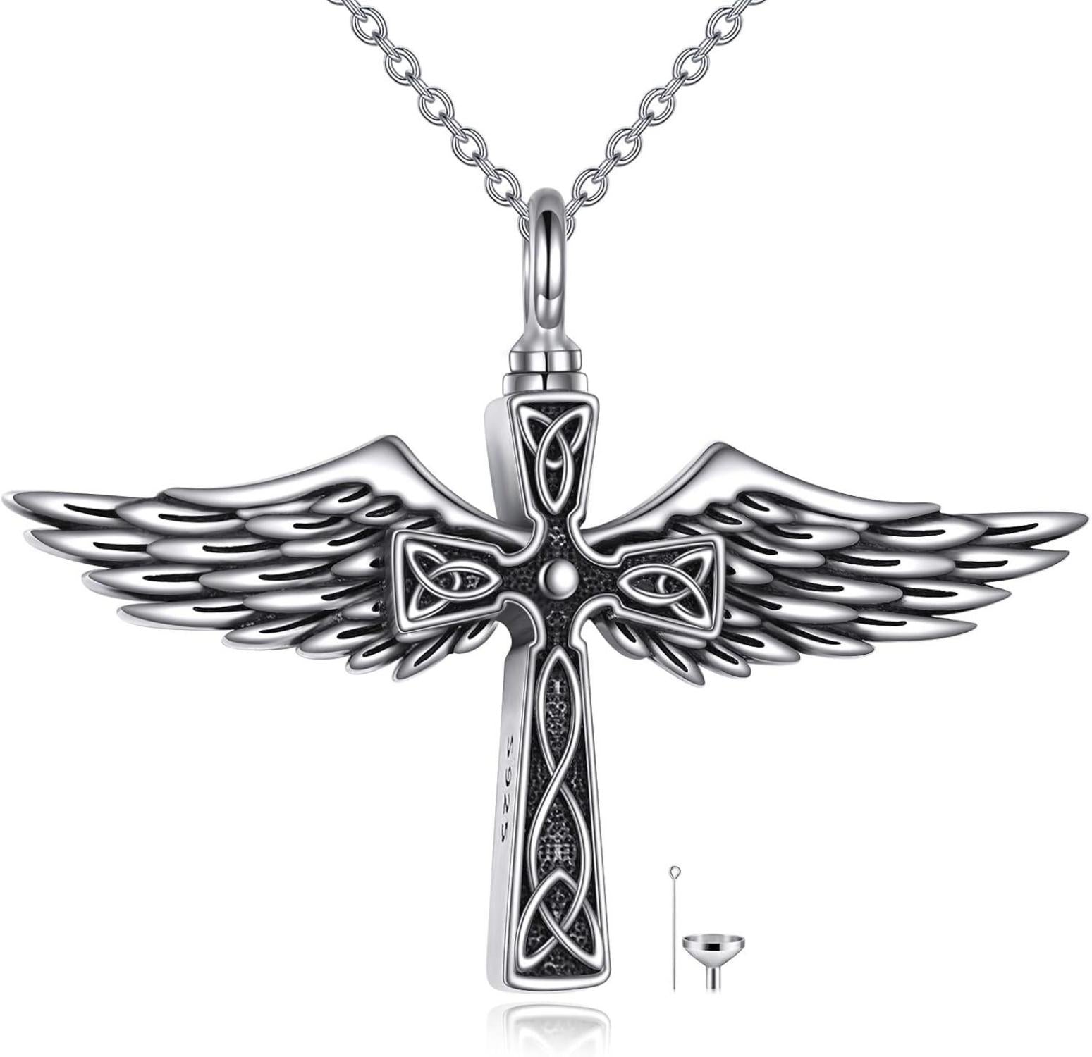 Kreuz Engelsflügel Urnenhalskette aus 925 Sterling Silber