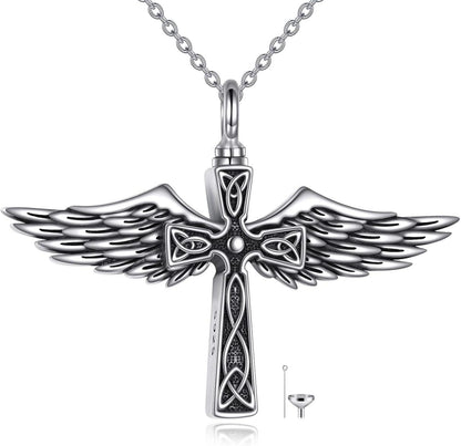 Kreuz Engelsflügel Urnenhalskette aus 925 Sterling Silber