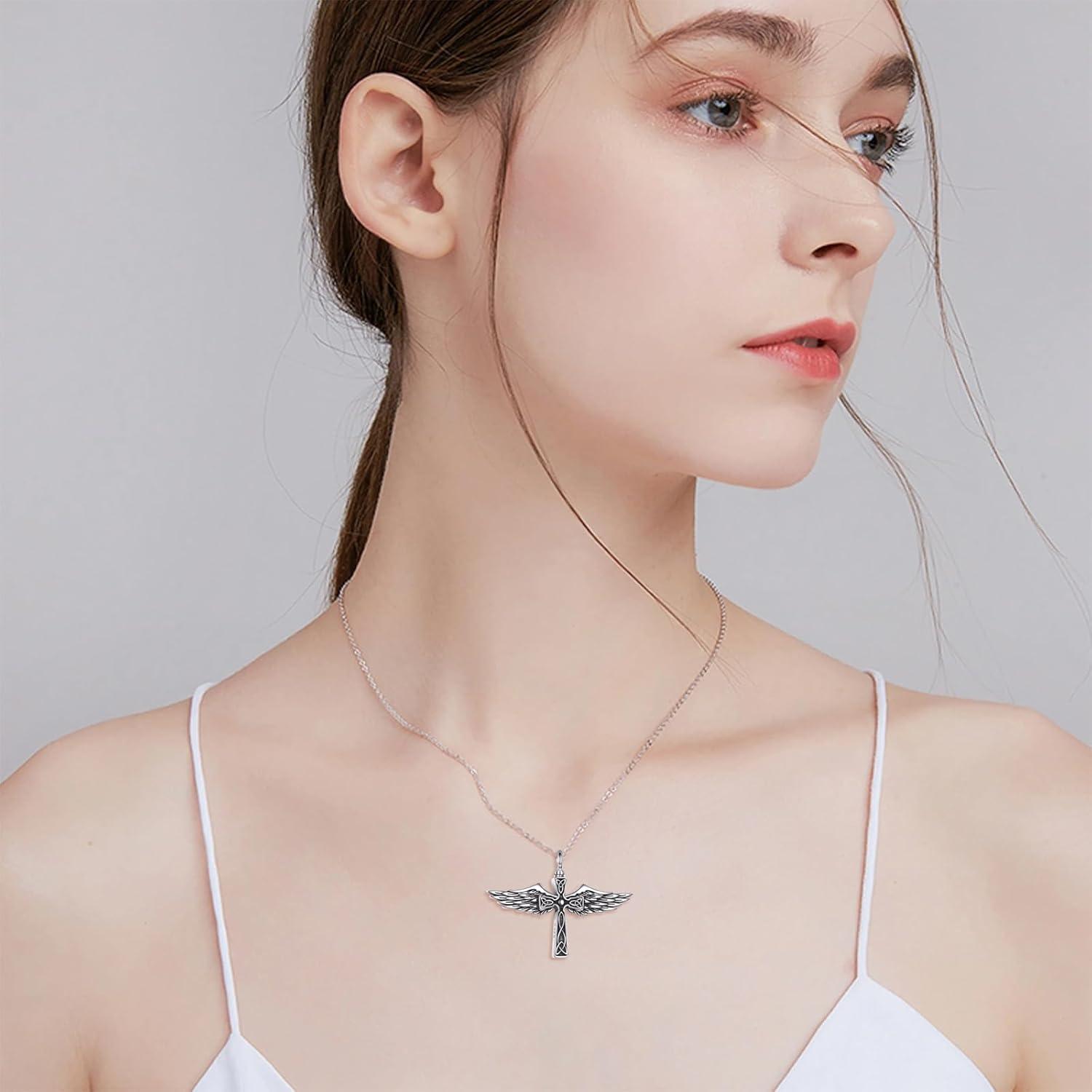 Kreuz Engelsflügel Urnenhalskette Sterling Silber Frauen