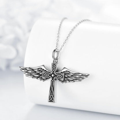 Kreuz Engelsflügel Urnenhalskette aus 925 Sterling Silber