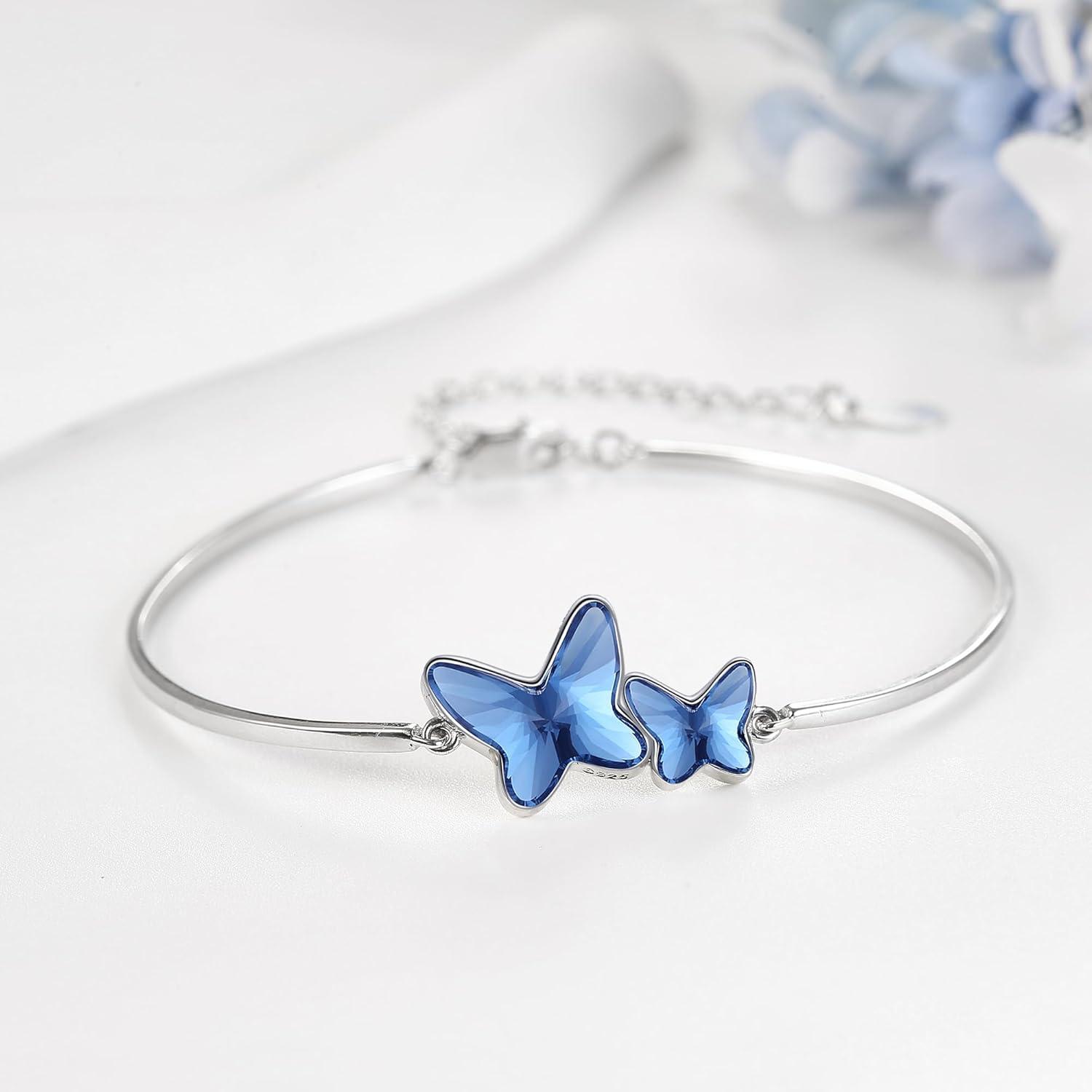 925 Sterling Silber Blau Kristall Schmetterlingsarmband Geschenk
