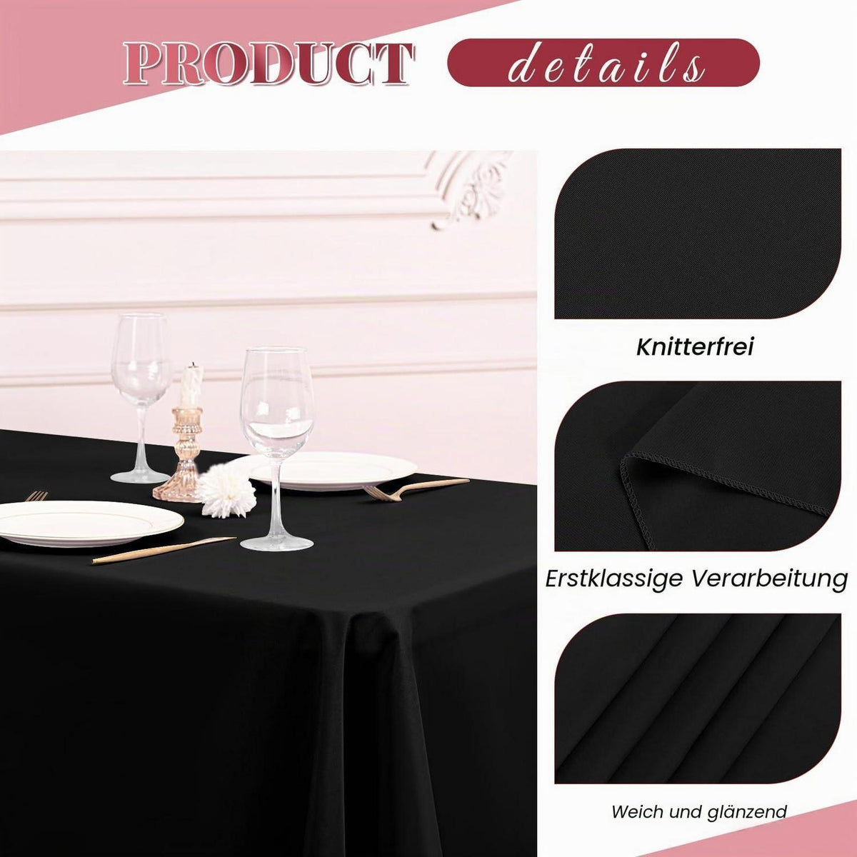Schwarze Tischdecke Rechteckig 260x153 cm – Waschbar & Fleckenfrei
