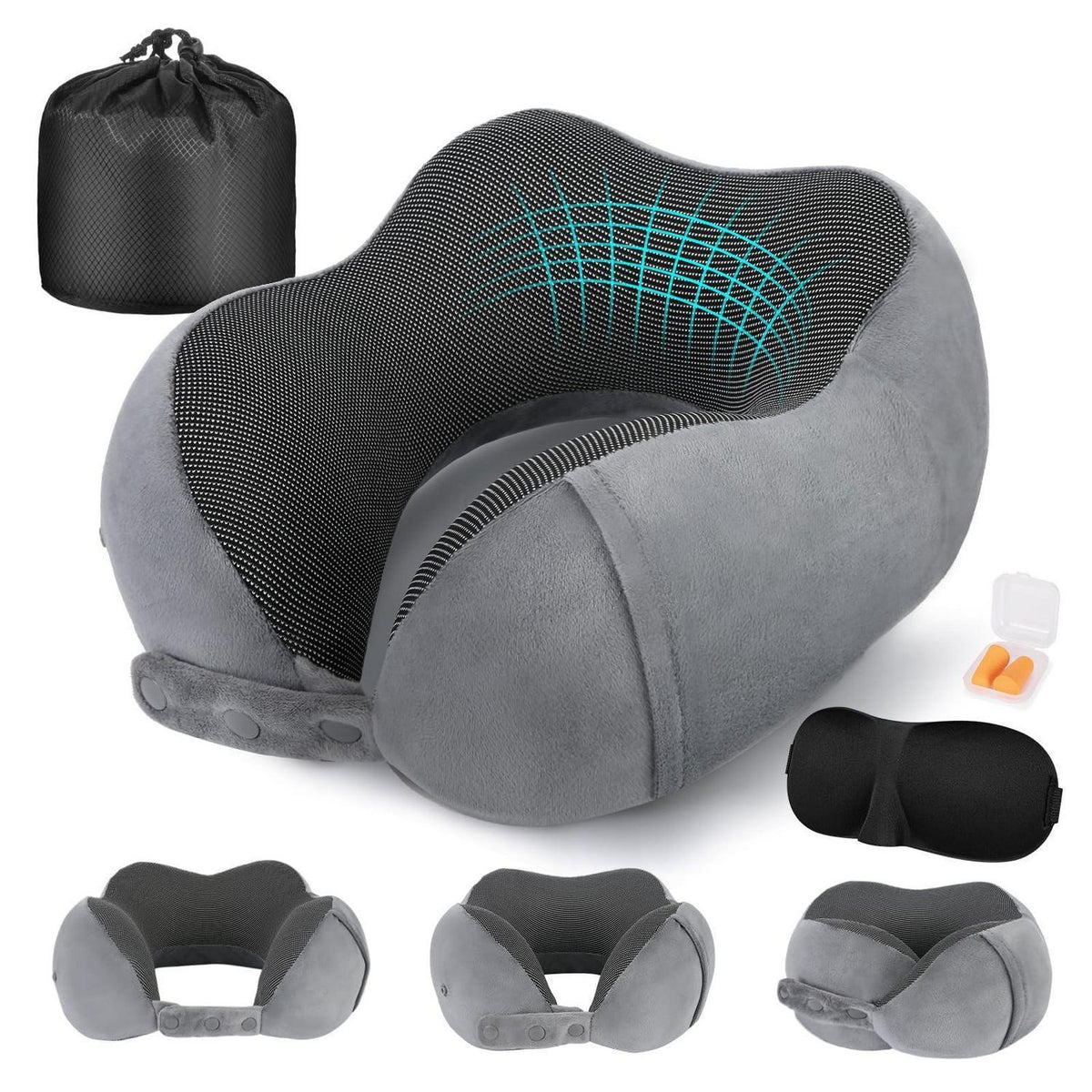 Reisekissen Memory Foam Nackenkissen Flugzeug Verstellbar Grau