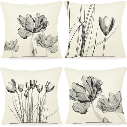 Blumen Kissenbezug 50x50 - 4er Set Leinen Outdoor Deko